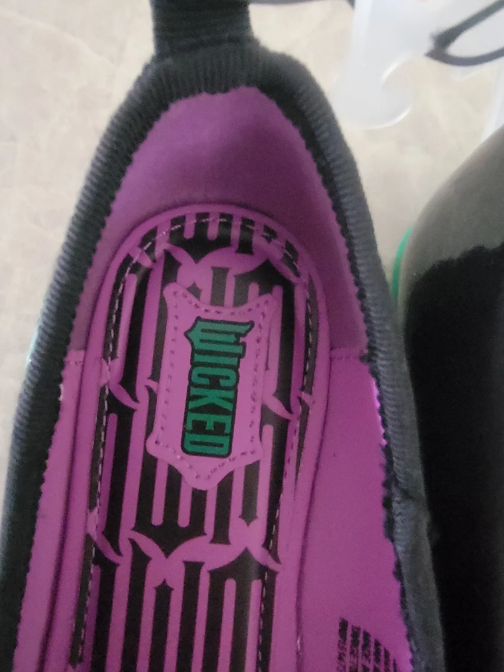 Kids Black Ballet Flats with Purple Insole and Green Accent -Wicked Size 3 & 11T